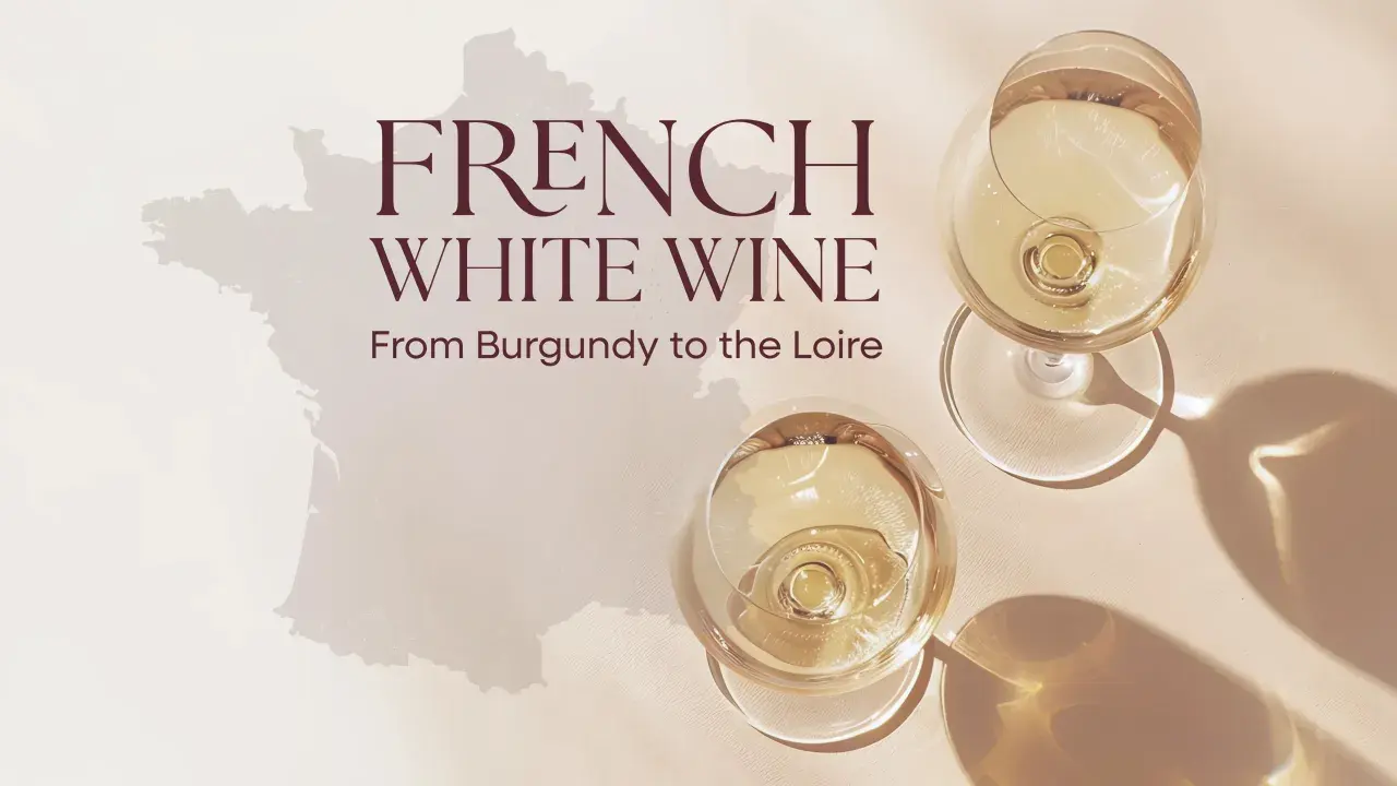 Deux verres de vin blanc français, évoquant la richesse d'un cépage blanc, sur fond de carte de France.
