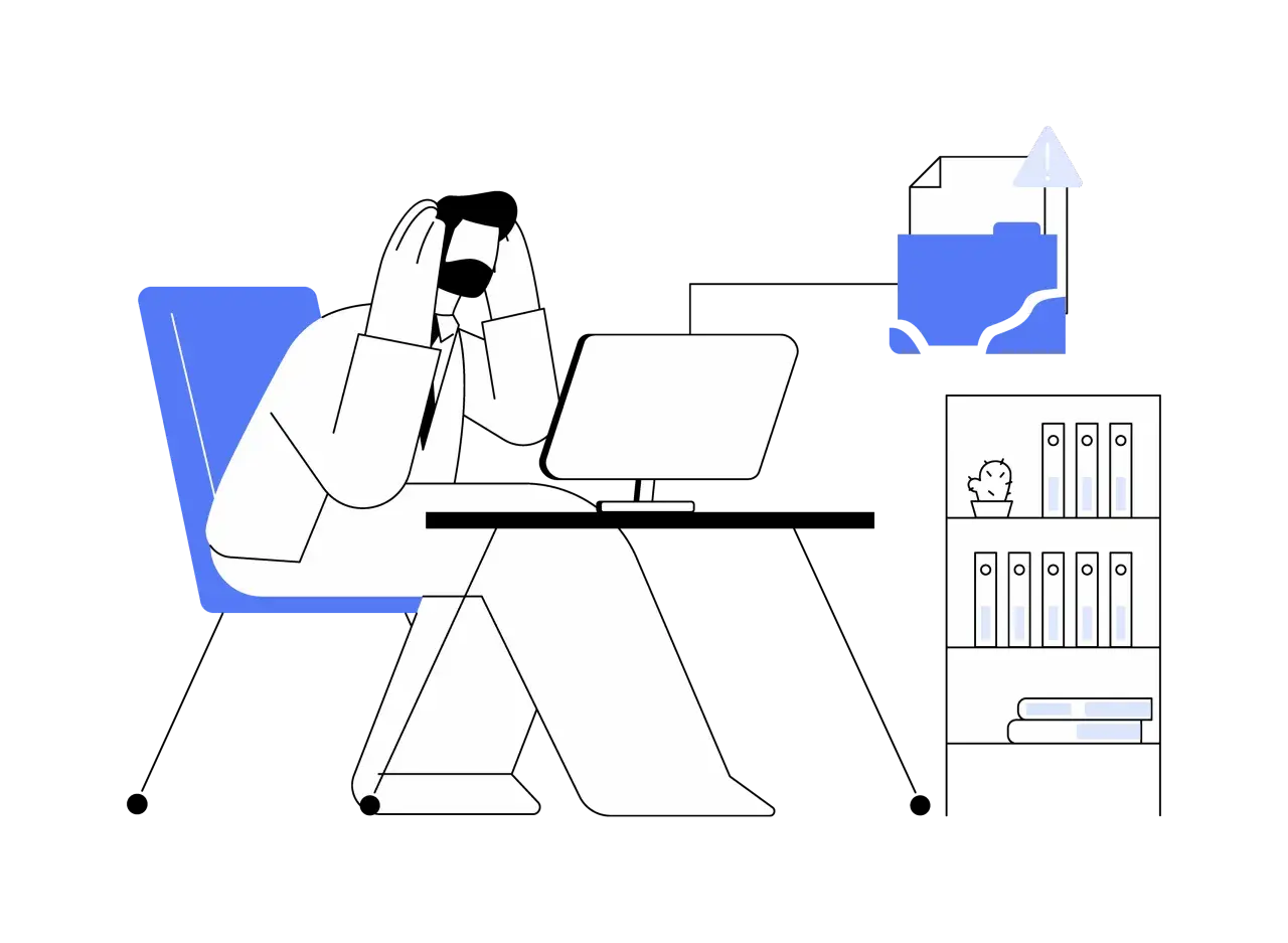 Un consultant GED stressé, mains sur la tête, face à un ordinateur. Un dossier bleu avec un point d'exclamation suggère un problème de gestion documentaire.