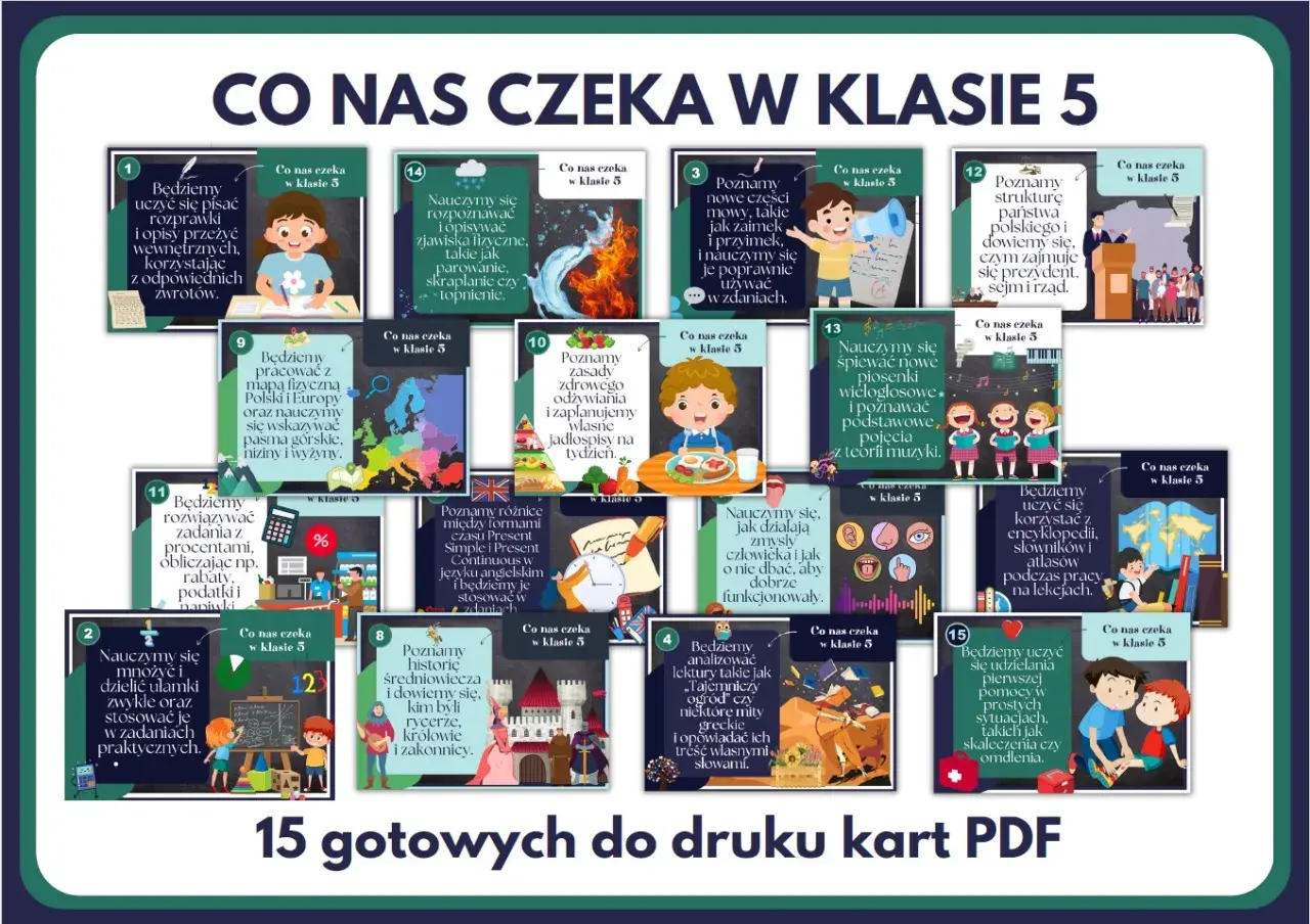 Ilustracja przedstawia kolaż z 15 kart edukacyjnych z numerami, ilustracjami i krótkimi opisami tematów lekcji w 5 klasie.