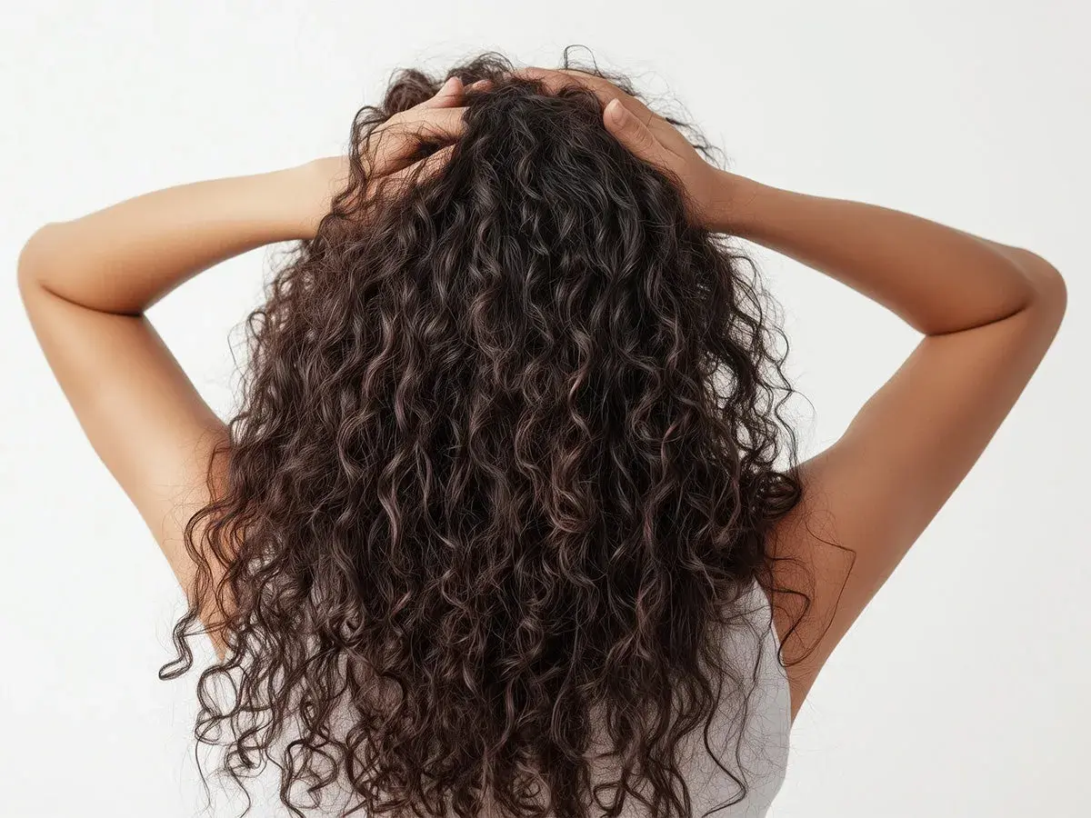 Vista trasera de una persona con un hermoso pelo rizado oscuro, sus manos acarician su melena.