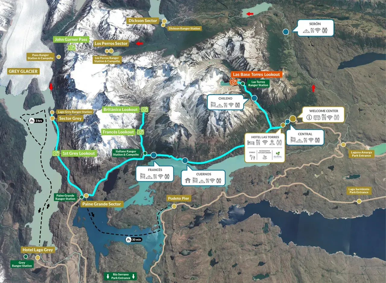Karte von Torres del Paine Nationalpark mit Wanderrouten, Aussichtspunkten wie Británico Lookout und Unterkünften.