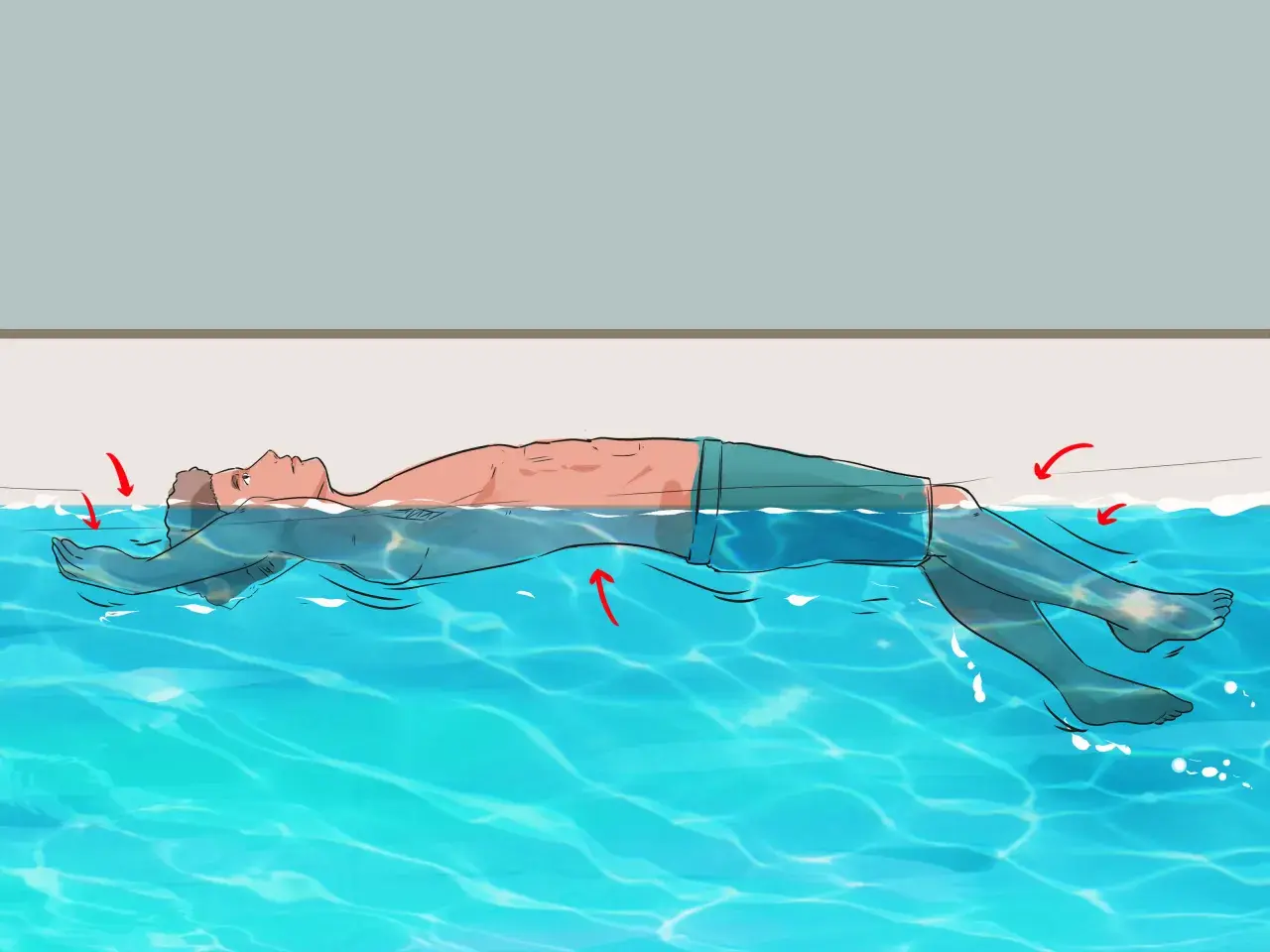 Illustration showing how to float on your back in water. Red arrows indicate subtle movements to maintain balance.