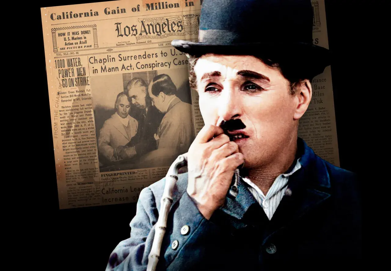 Charlie Chaplin, en ikon från chaplin film klassiker, syns bredvid en tidningsrubrik om hans överlämnande i en rättssak.