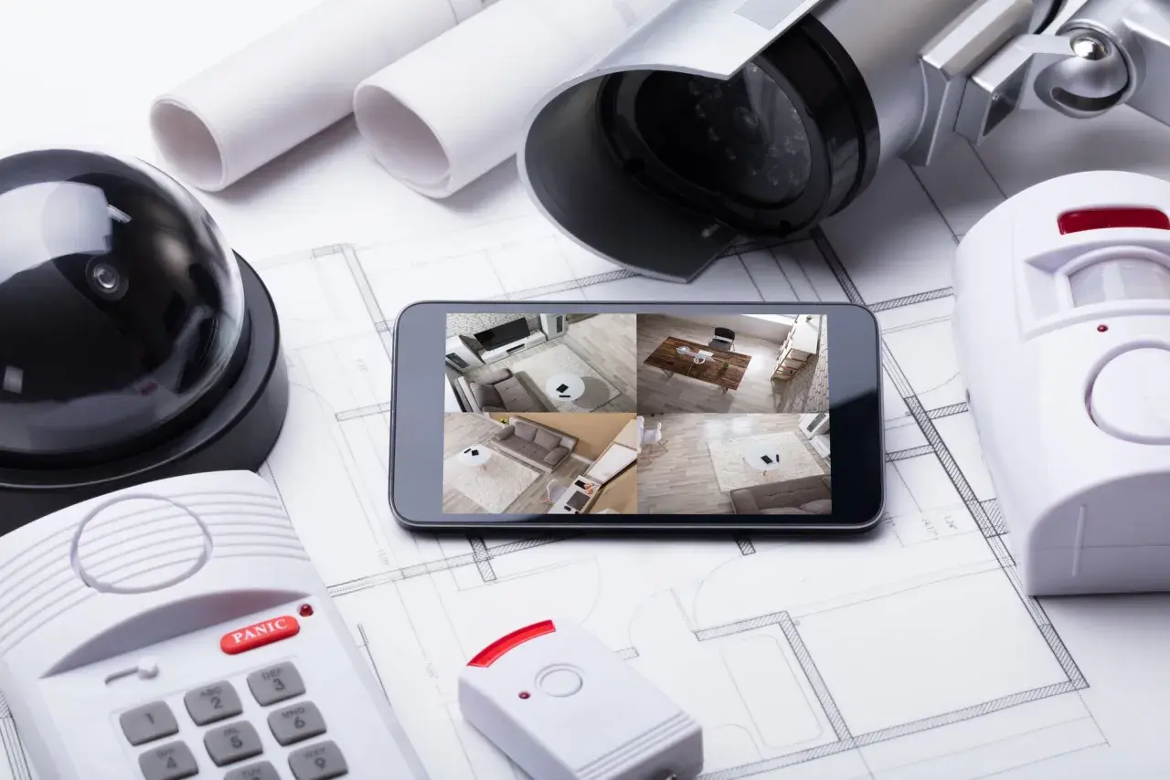 Kit d'alarme à installer soi même : caméra, détecteur de mouvement, centrale et smartphone affichant les flux vidéo.
