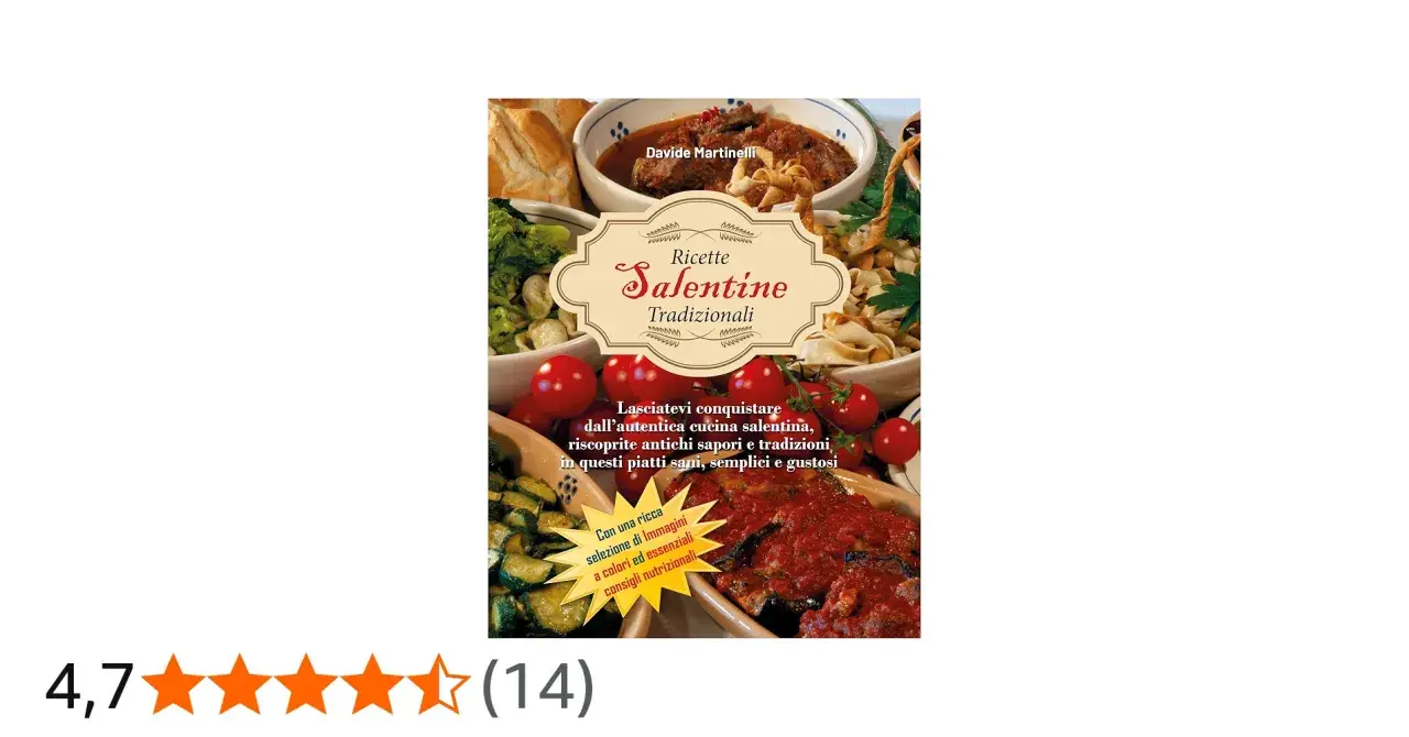 Copertina libro "Ricette Salentine Tradizionali" con immagini di piatti tipici, tra cui pasta e sugo, verdure e pane. Un invito a scoprire i sapori autentici dei maritati alla salentina.