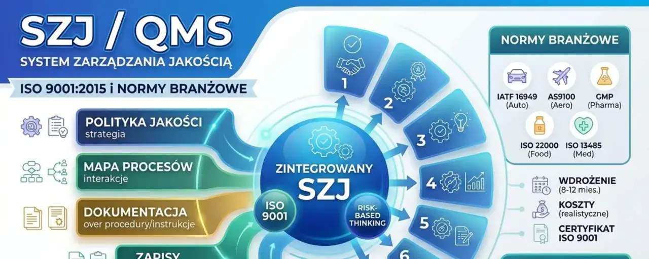 Schemat zintegrowanego SZJ (SCM system) z elementami polityki, mapy procesów, dokumentacji i norm branżowych.