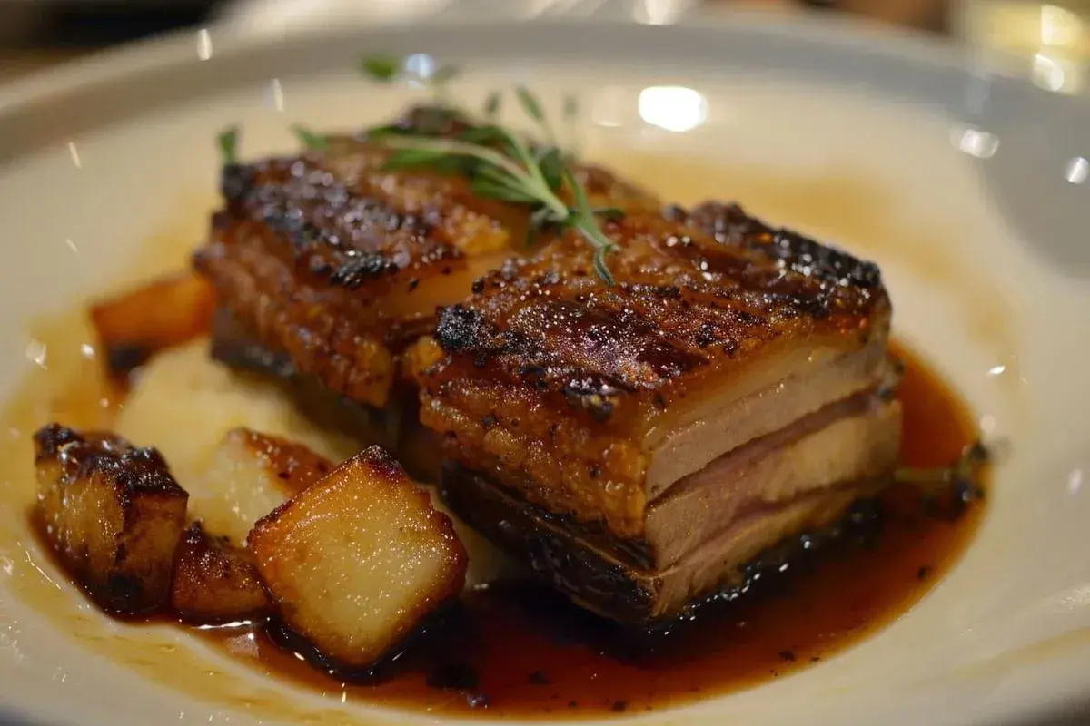 Poitrine de porc croustillante, servie avec des légumes rôtis et une sauce savoureuse. Un délice !