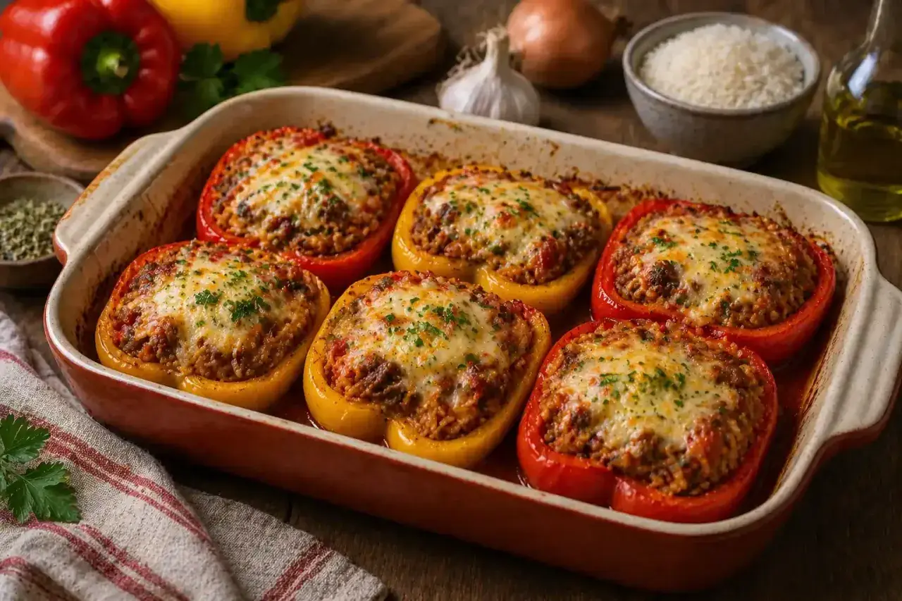 Poivrons farcis au fromage fondant, prêts à être dégustés. Un plat réconfortant et savoureux.