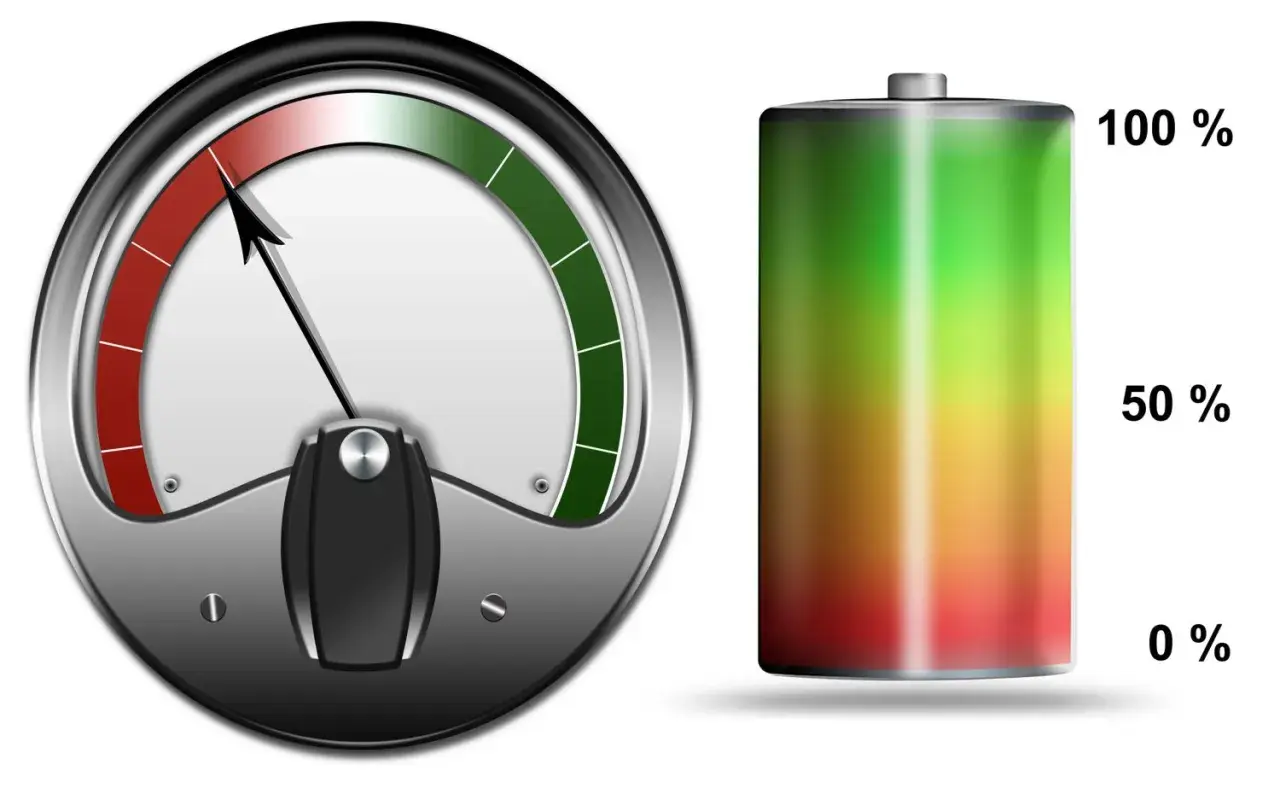 Anzeiger zeigt niedrigen Ladestand eines Lithium Ionen Akku laden. Batterieanzeige von rot zu grün.