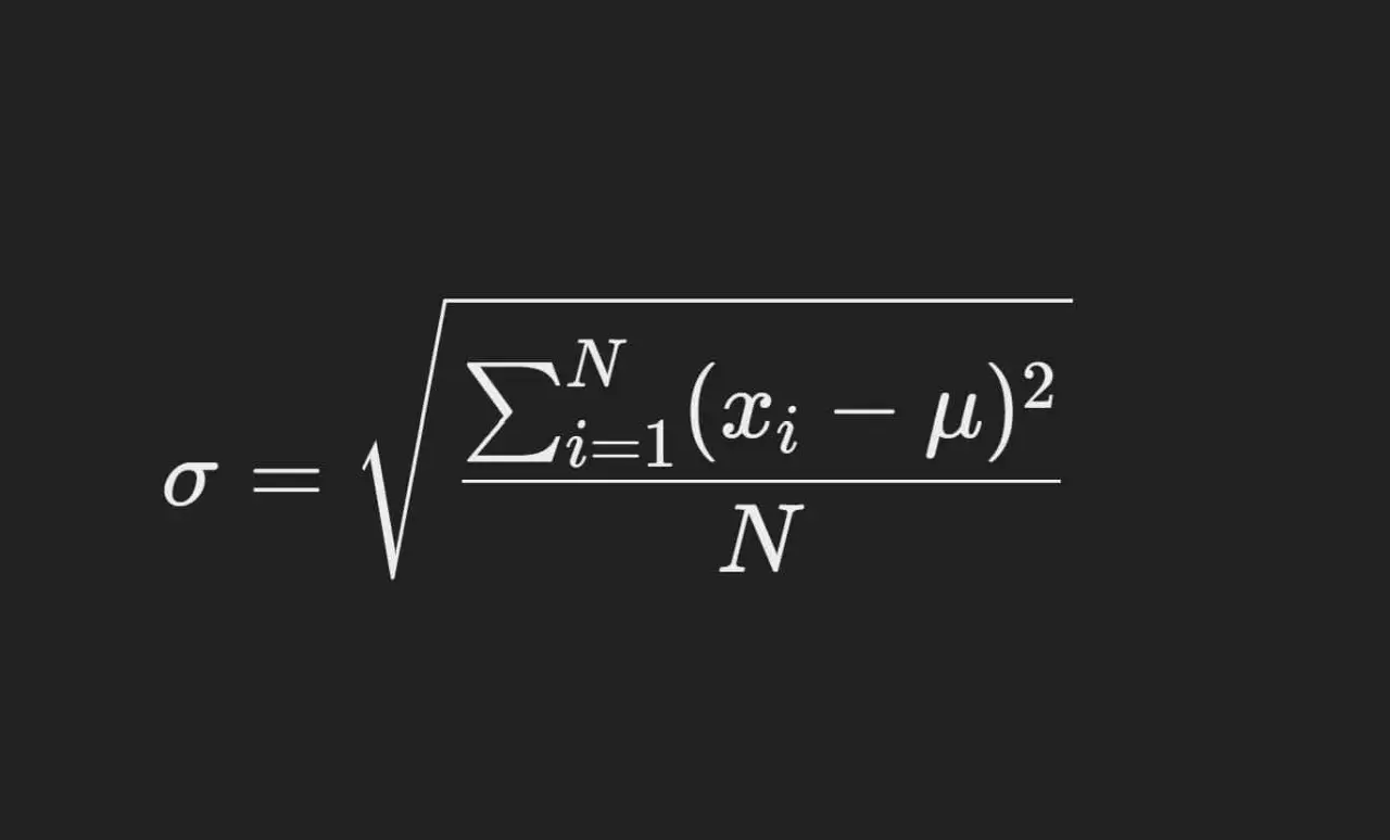Formula per la deviazione standard (sigma), che misura la varianza di un set di dati rispetto alla media (mu).