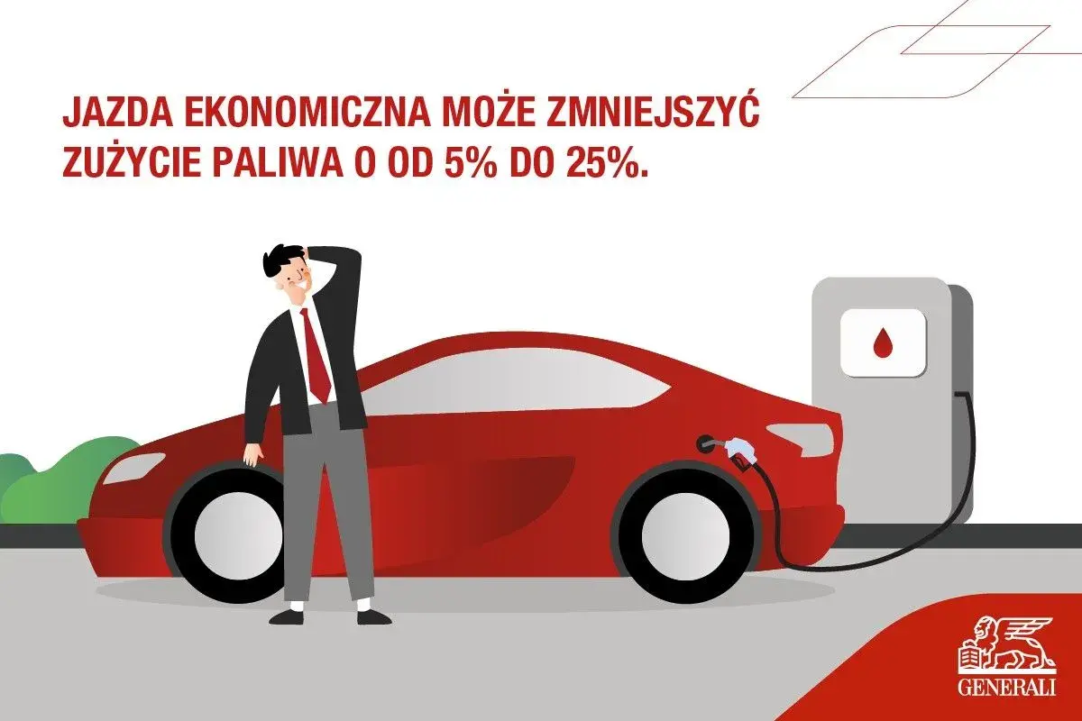 Mężczyzna przy czerwonym samochodzie na stacji paliw. Ekonomiczna jazda samochodem to oszczędność paliwa od 5% do 25%.