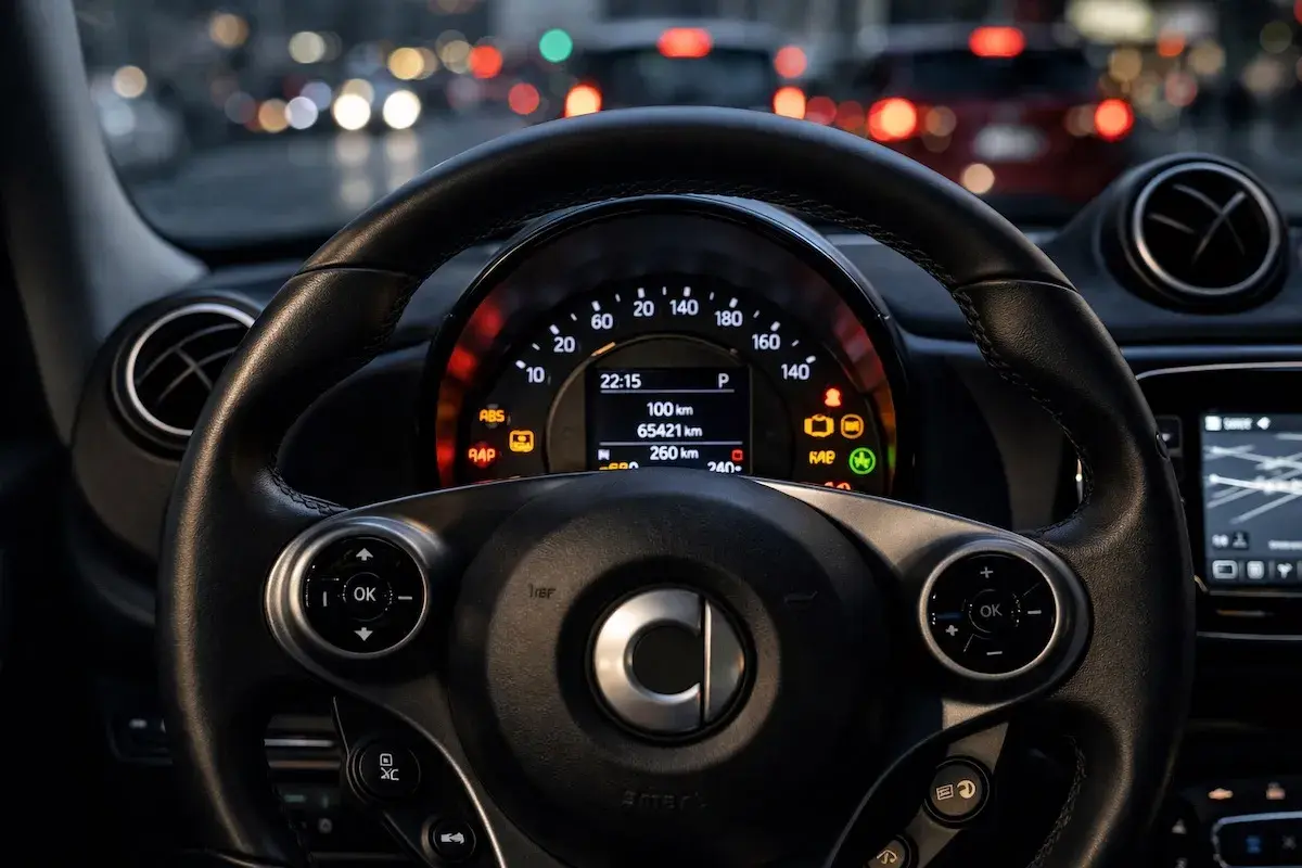 Cruscotto Smart con spie accese (ABS, RAP, batteria, ecc.) e display centrale. Un elenco di spie cruscotto Smart da controllare.