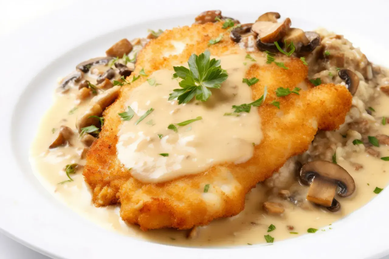 Knuspriges Schnitzel mit cremiger Champignon-Rahm-Sauce und Reis, garniert mit Petersilie. Ein köstliches Gericht!