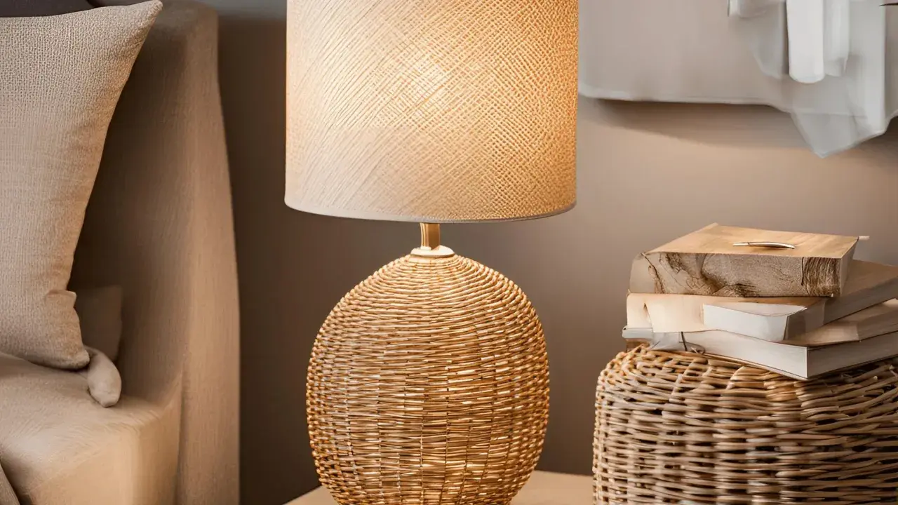 Lámpara de mesa mimbre con pantalla de tela, junto a una pila de libros sobre una cesta de mimbre.
