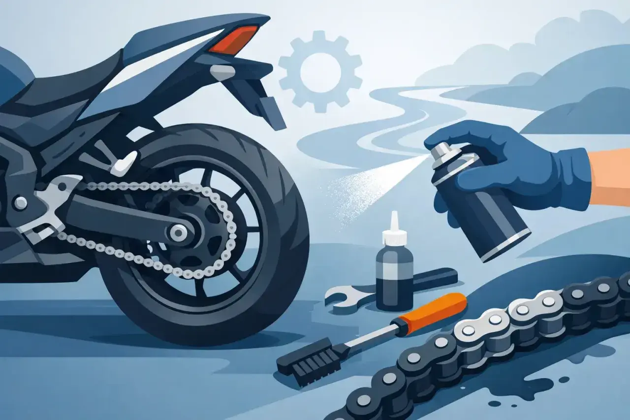Manutenzione moto: spray lubrificante per la catena, spazzola e chiave inglese pronti per la **tensione catena moto**.