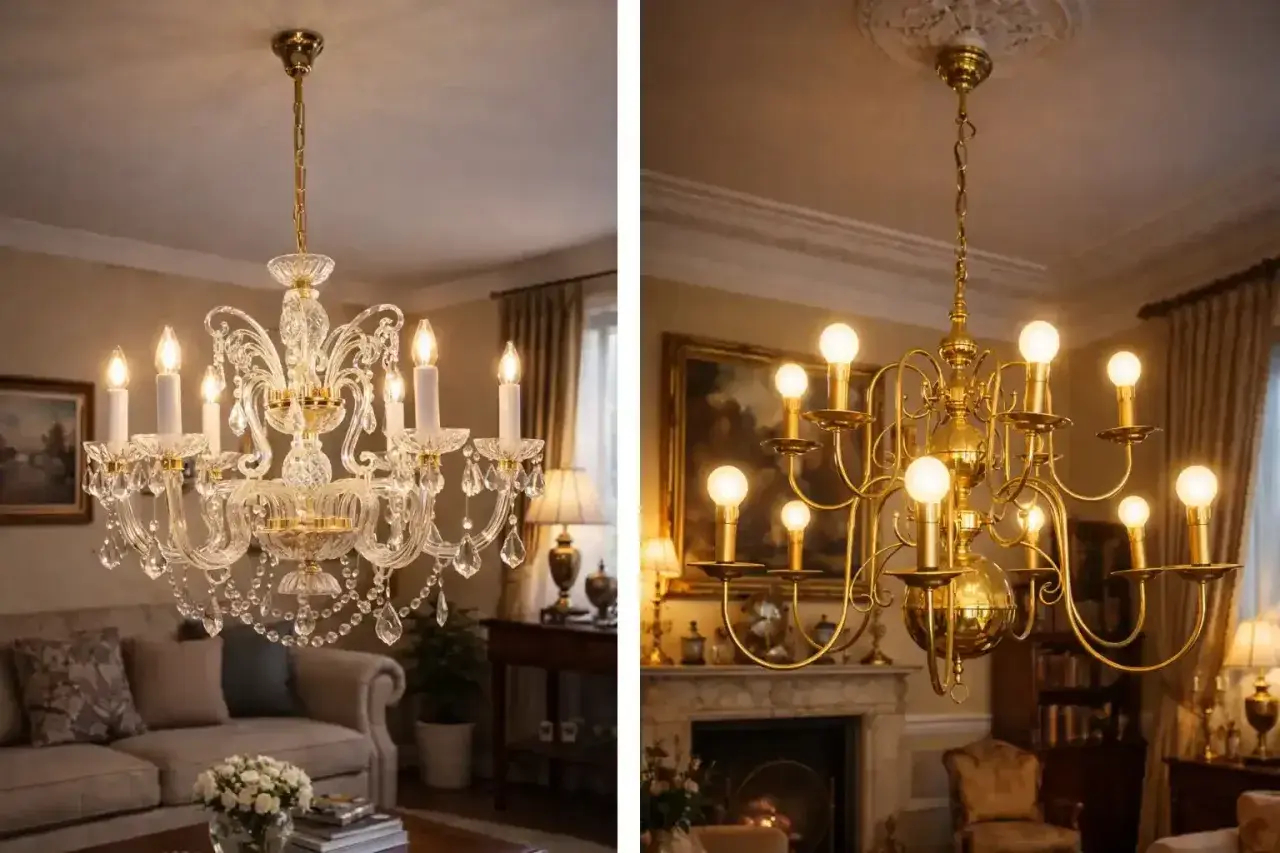 Elegante lámpara techo rústica de cristal y latón, iluminando salones clásicos con un toque de distinción.