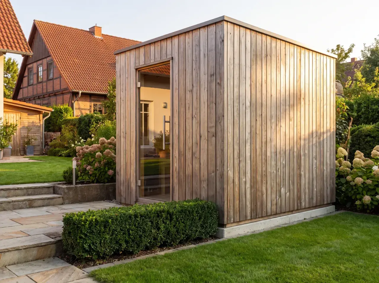 Moderne Gartensauna aus Holz mit Glasfront, perfekt für das eigene Wellness-Erlebnis im Garten. Ein Traum für alle, die eine Gartensauna selber bauen möchten.