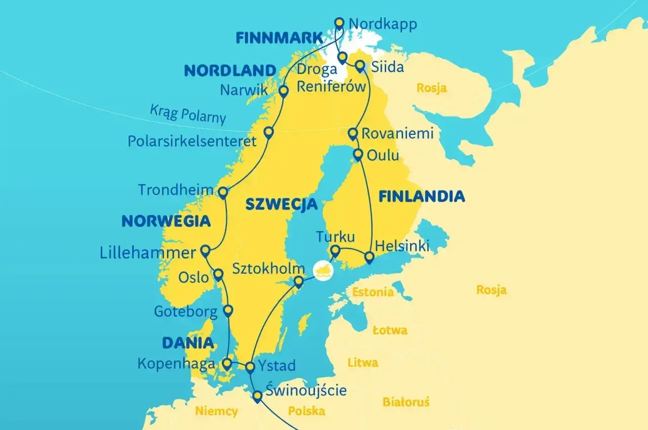 Trasa przez Skandynawię: Norwegia, Szwecja, Finlandia, Dania. Od Nordkapp po Świnoujście, z postojami w **Smalandii** i innych miastach.