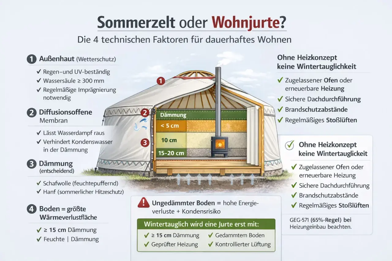 Illustration einer Jurte als Wohnhaus mit detaillierter Darstellung der Dämmung und der vier Faktoren für dauerhaftes Wohnen.