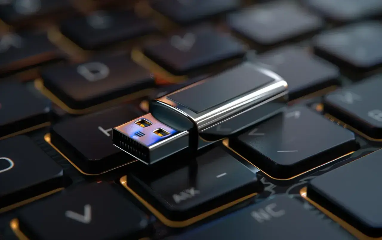 Pendrive leżący na klawiaturze komputera.