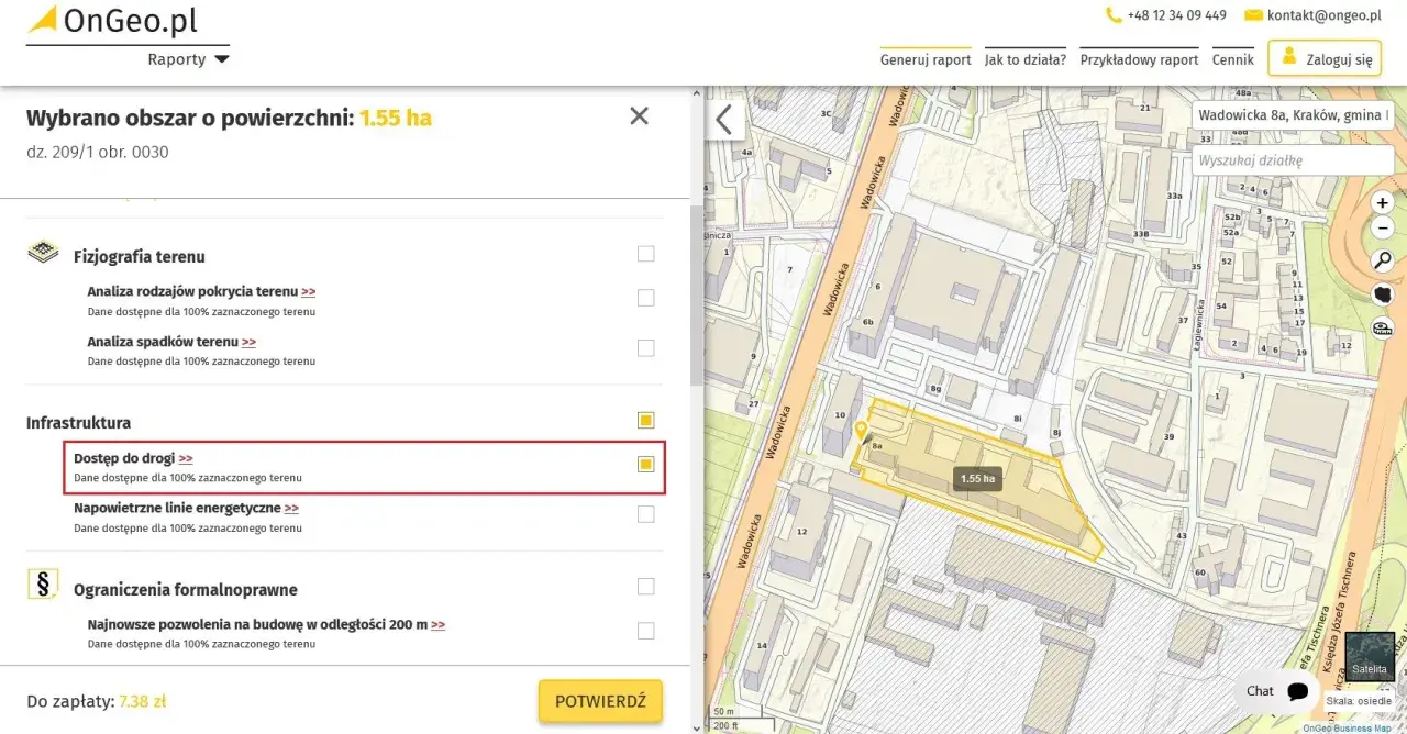 Na mapie OnGeo.pl zaznaczono obszar 1.55 ha. W sekcji "Infrastruktura" można sprawdzić, jak sprawdzić kto jest zarządcą drogi, wybierając opcję "Dostęp do drogi".