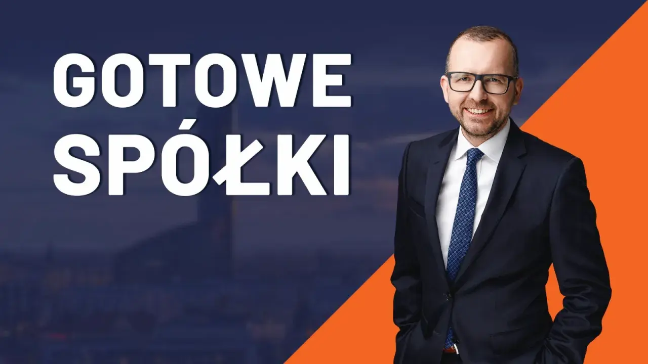 Mężczyzna w garniturze obok napisu "GOTOWE SPÓŁKI". Oferujemy gotowe spółki, które pomogą Ci szybko rozpocząć działalność.