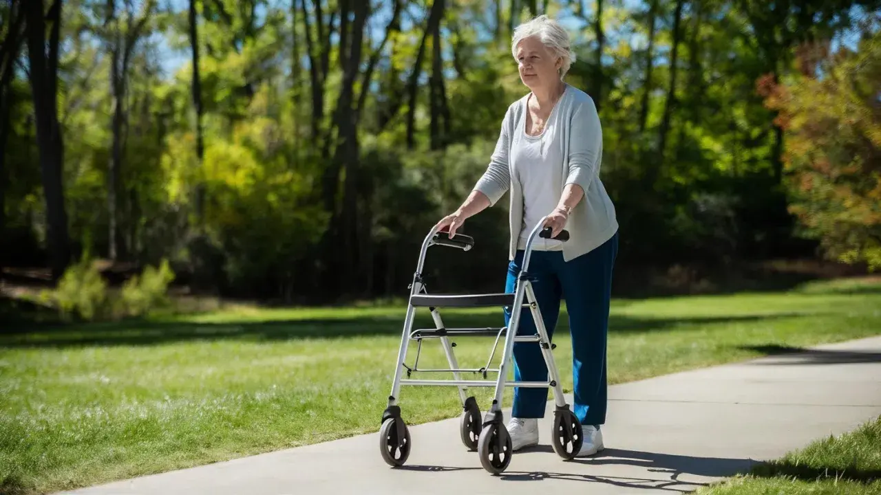 Ältere Frau geht mit Rollator auf Rezept im Park.