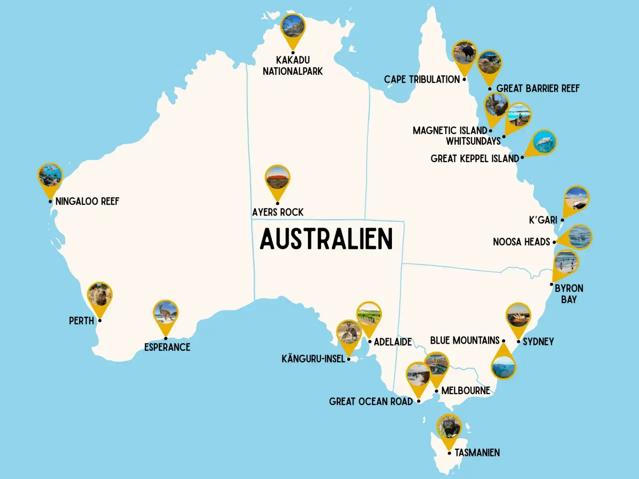 Karte mit Australien-Highlights: Kakadu NP, Great Barrier Reef, Ayers Rock, Ningaloo Reef, Sydney, Melbourne, Tasmanien.