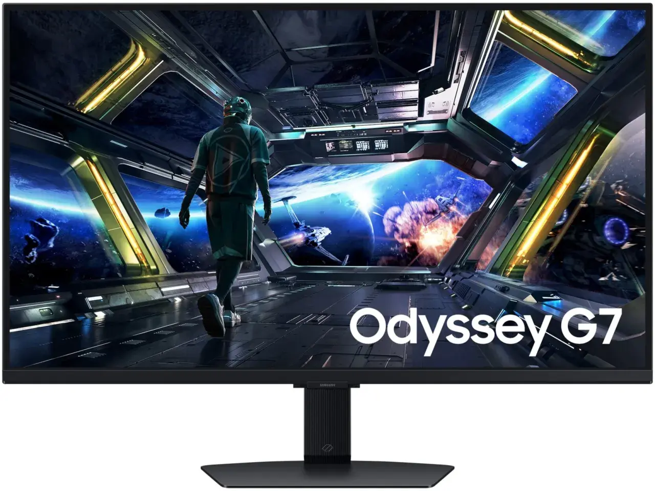 Gracz w skafandrze kosmicznym na statku, widok na planetę i bitwę. Samsung Odyssey G7 – jak powiększyć ekran, by zanurzyć się w akcji.