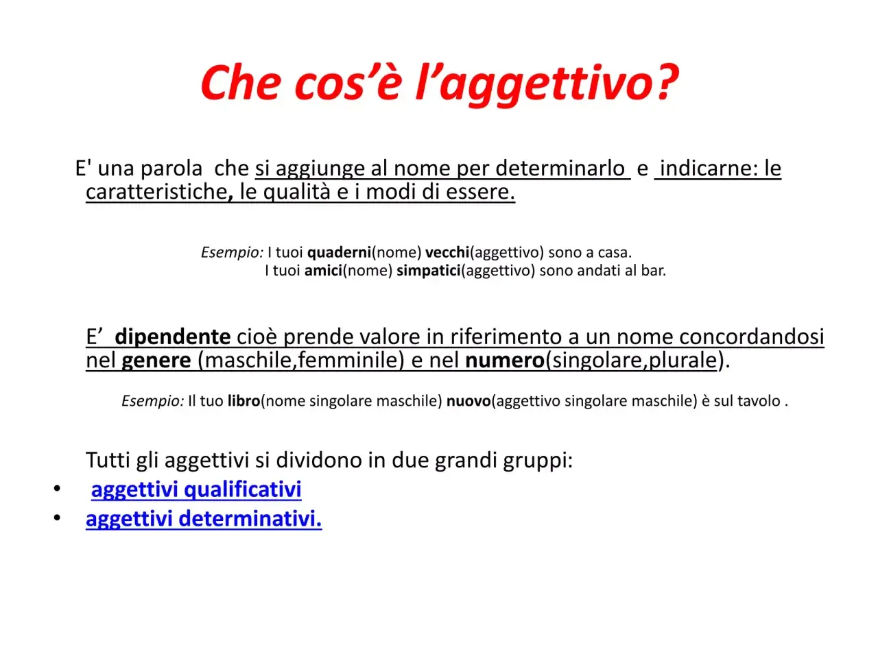Spiegazione di cos'è l'aggettivo, con esempi di aggettivi qualificativi e determinativi.