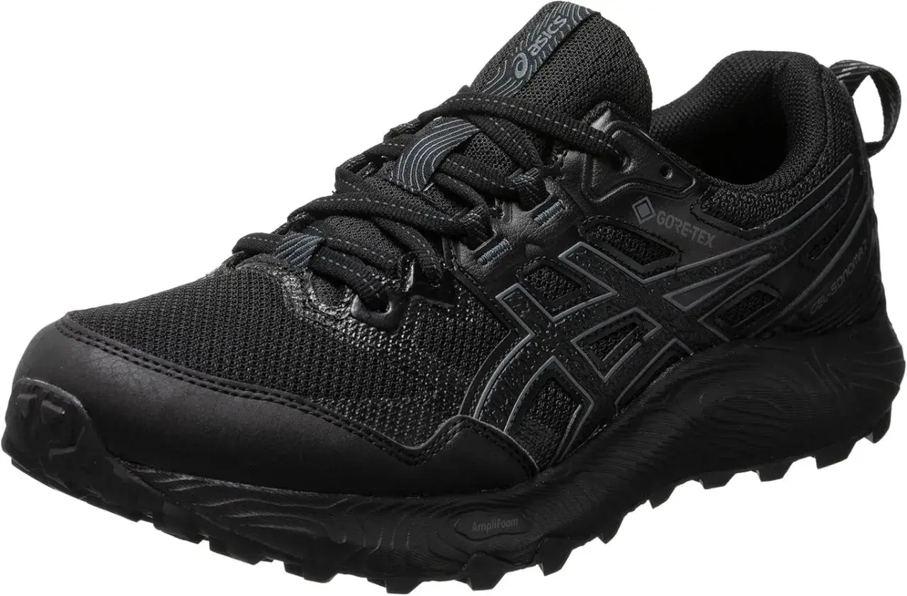 Scarpa da trail running Asics Gel Sonoma 6 nera, impermeabile Gore-Tex, ideale per affrontare ogni terreno con stile e comfort.