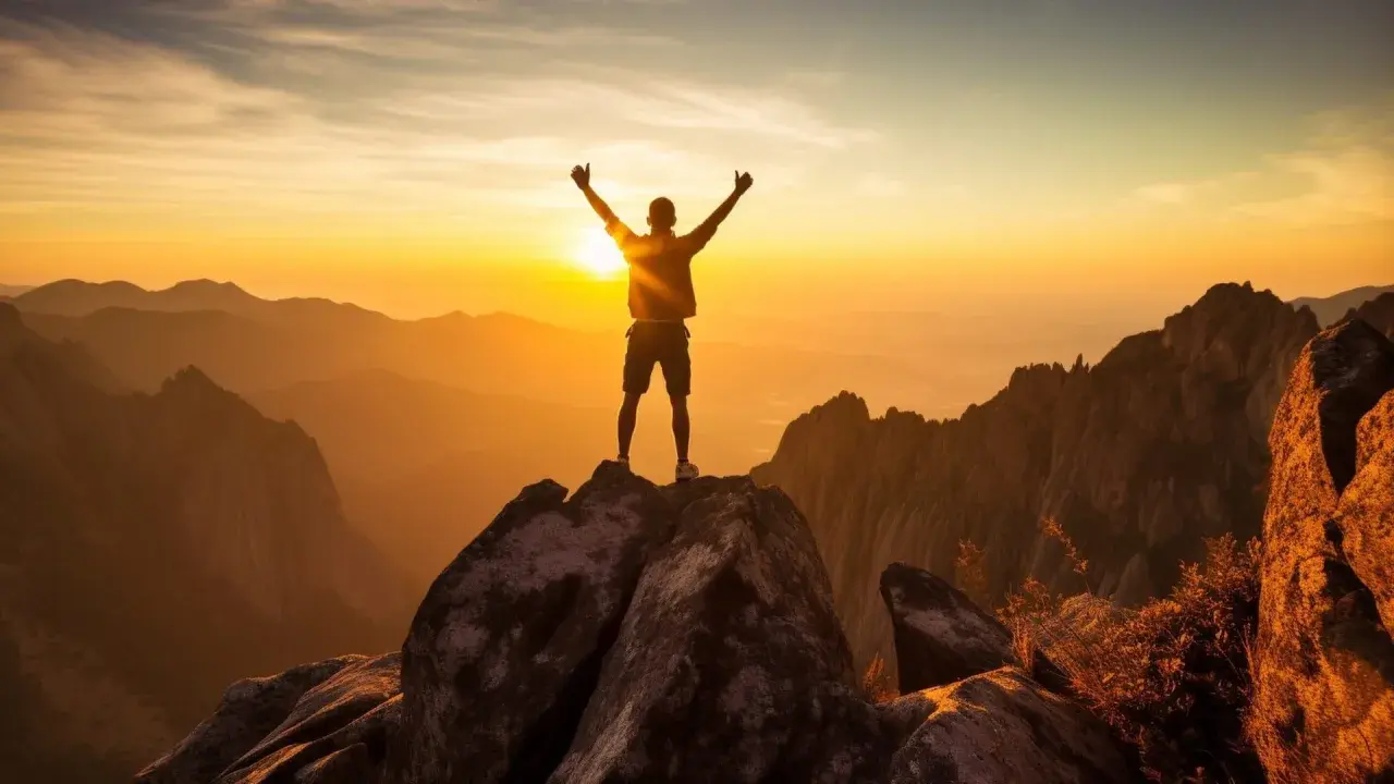 Hombre en la cima de una montaña al amanecer, celebrando su **crecimiento personal y espiritual**.