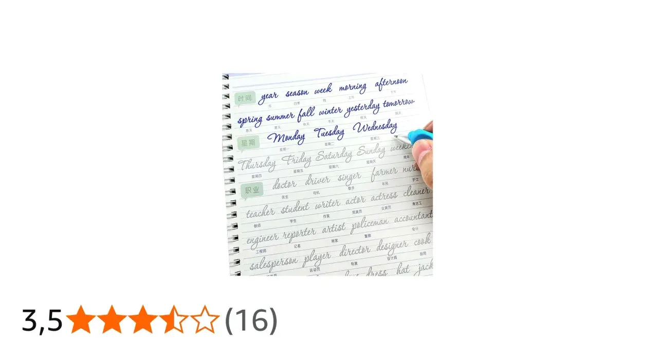Cuaderno de caligrafía inglesa con palabras como "year", "season", "week", "morning", "afternoon", "spring", "summer", "fall", "winter", "yesterday", "tomorrow", días de la semana y profesiones.
