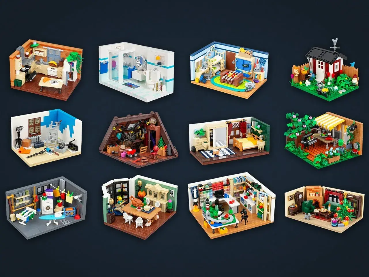 Kleine, detailreiche Lego Mocs: Küche, Bad, Kinderzimmer, Gartenhaus, Werkstatt, Dachboden, Waschküche, Esszimmer, Schlafzimmer, Außenküche, Büro, Wohnzimmer.