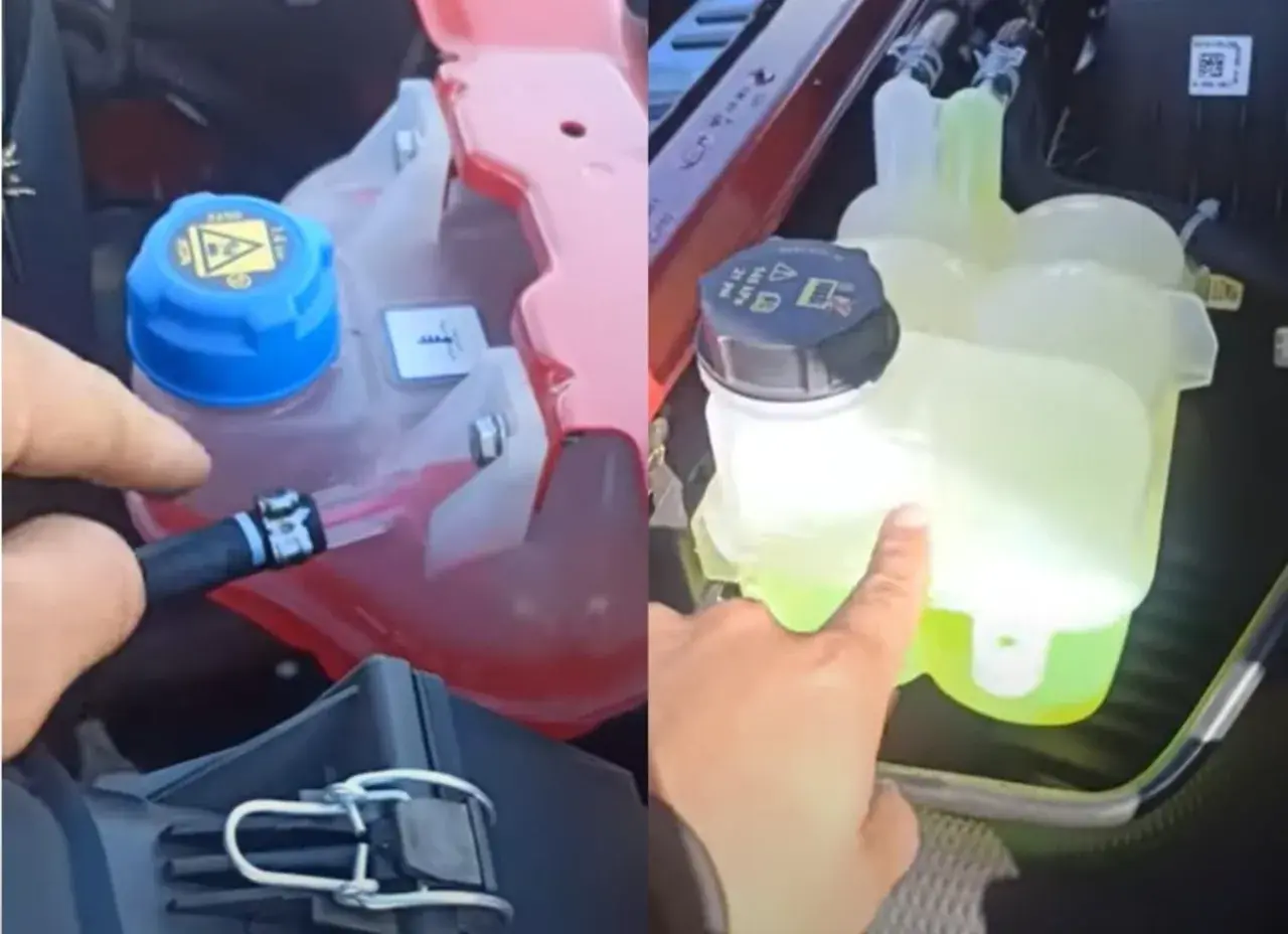 Dos depósitos de líquido refrigerante de cotxe, uno con líquido rosa y otro con líquido verde brillante.