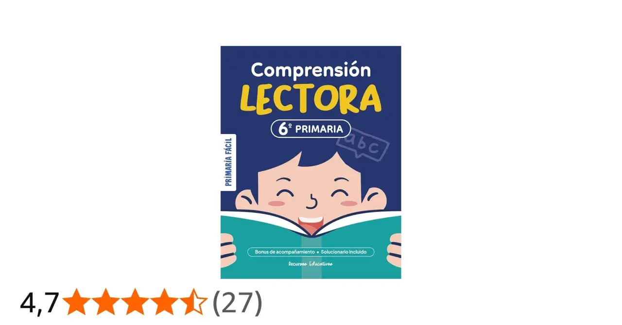 Libro de **comprensión lectora** para 6º de primaria. Un niño feliz lee un libro abierto, con "abc" en un bocadillo.