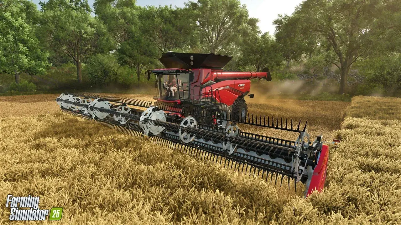 Czerwona kombajn zbiera zboże na polu. Poczuj się jak rolnik w Farming Simulator 25 PS5.