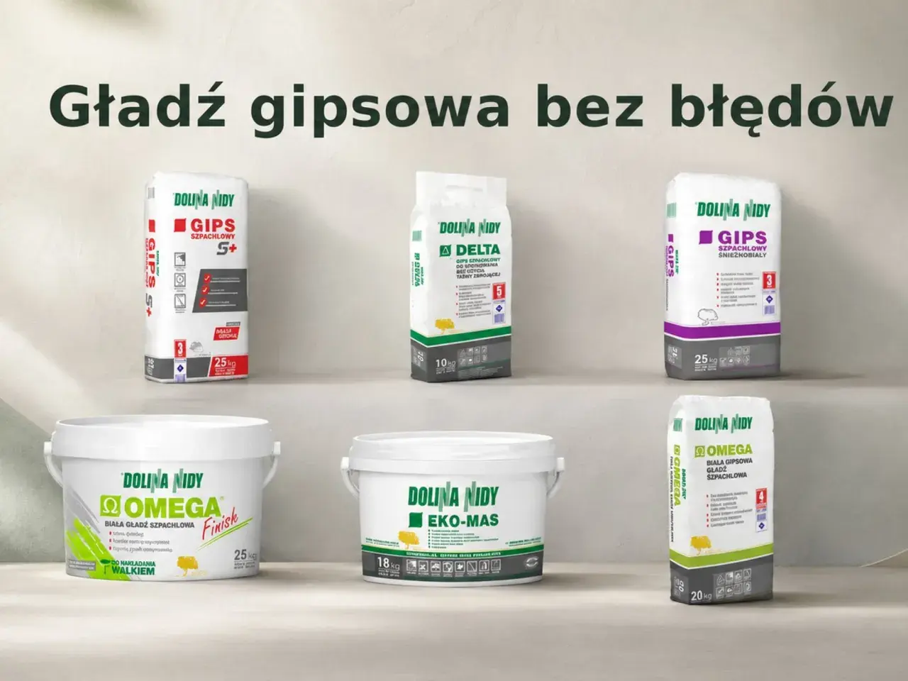 Sześć opakowań gładzi gipsowej Dolina Nidy: GIPS S+, Delta, GIPS Śnieżnobiały, Omega Finish, EKO-MAS i Omega.