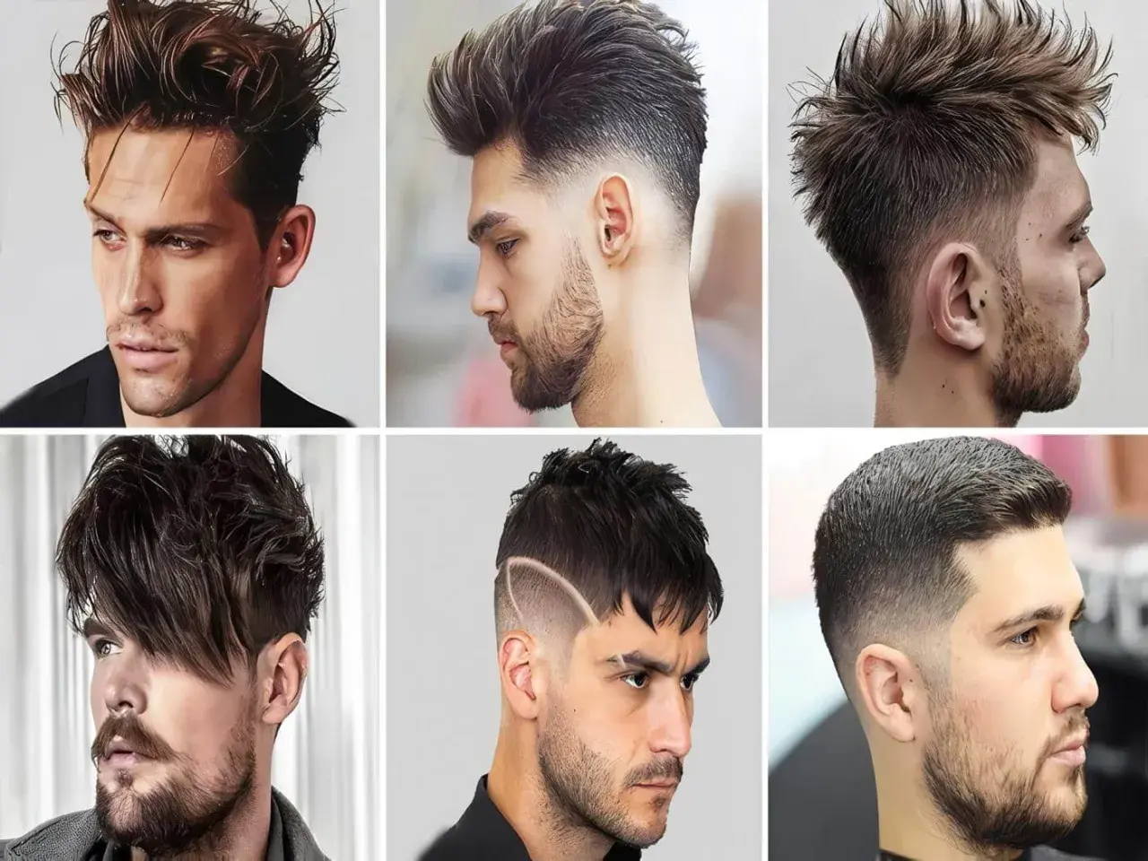 Seis hombres con cortes de pelo modernos, incluyendo un degradado hombre con líneas definidas y estilos texturizados.