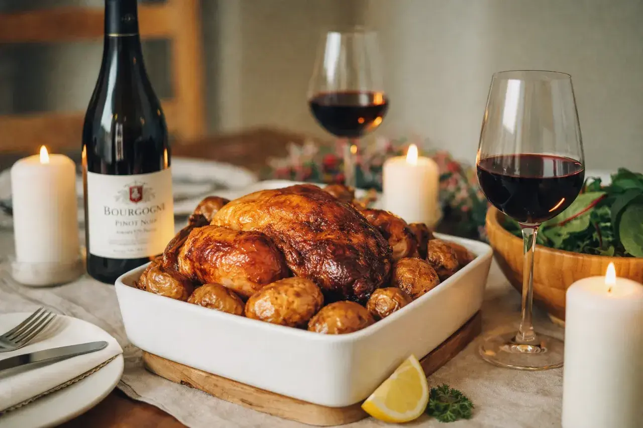 Un chapon rôti doré, entouré de pommes de terre, servi avec un vin rouge de Bourgogne. Un repas festif illuminé par des bougies.