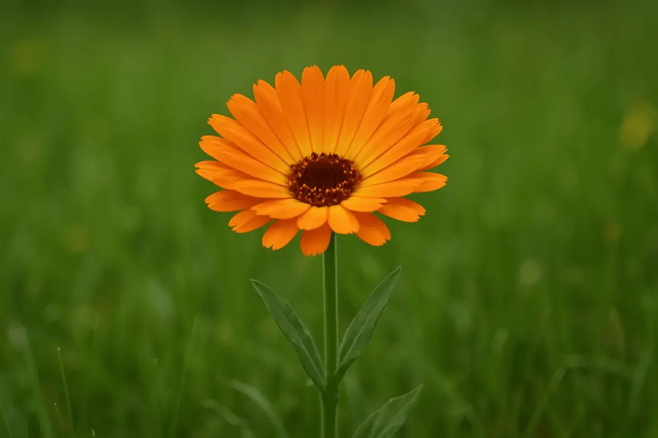 Un fiore arancione brillante, una calendula selvatica come riconoscerla, spicca su uno sfondo verde sfocato.