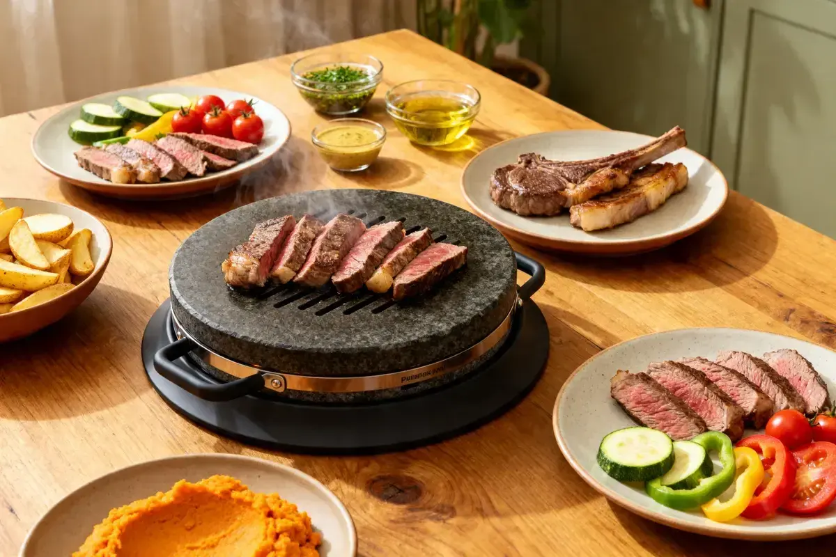 Une pierrade pour 10 personnes avec des steaks savoureux, des légumes frais et des frites croustillantes. Un repas convivial et gourmand.