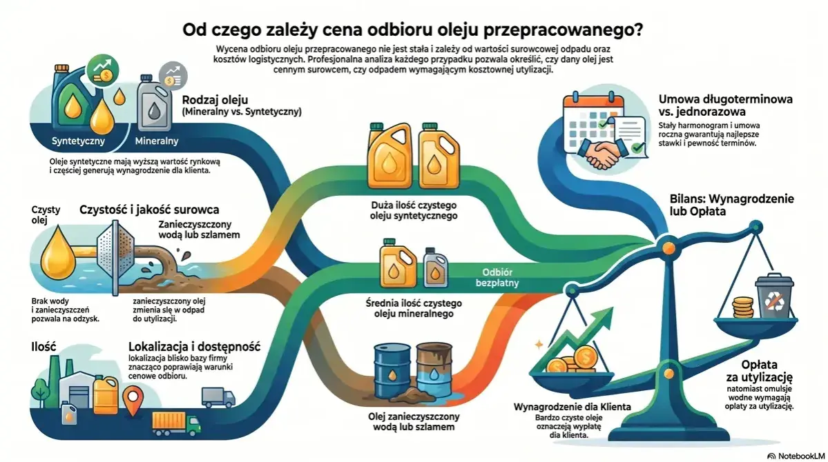 Ilustracja przedstawia diagram czynników wpływających na cenę odbioru oleju przepracowanego, m.in. rodzaj oleju, czystość, ilość, lokalizację i umowę.