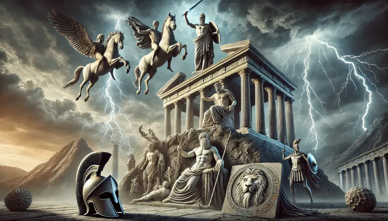 Gudar i mytologin, med Zeus tronande över ett tempel, medan bevingade hästar flyger genom ett åskväder.