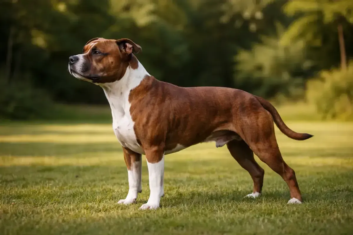 Ein stattlicher Staffordshire Bullterrier steht auf einer sonnigen Wiese, sein braun-weißes Fell leuchtet im Licht.