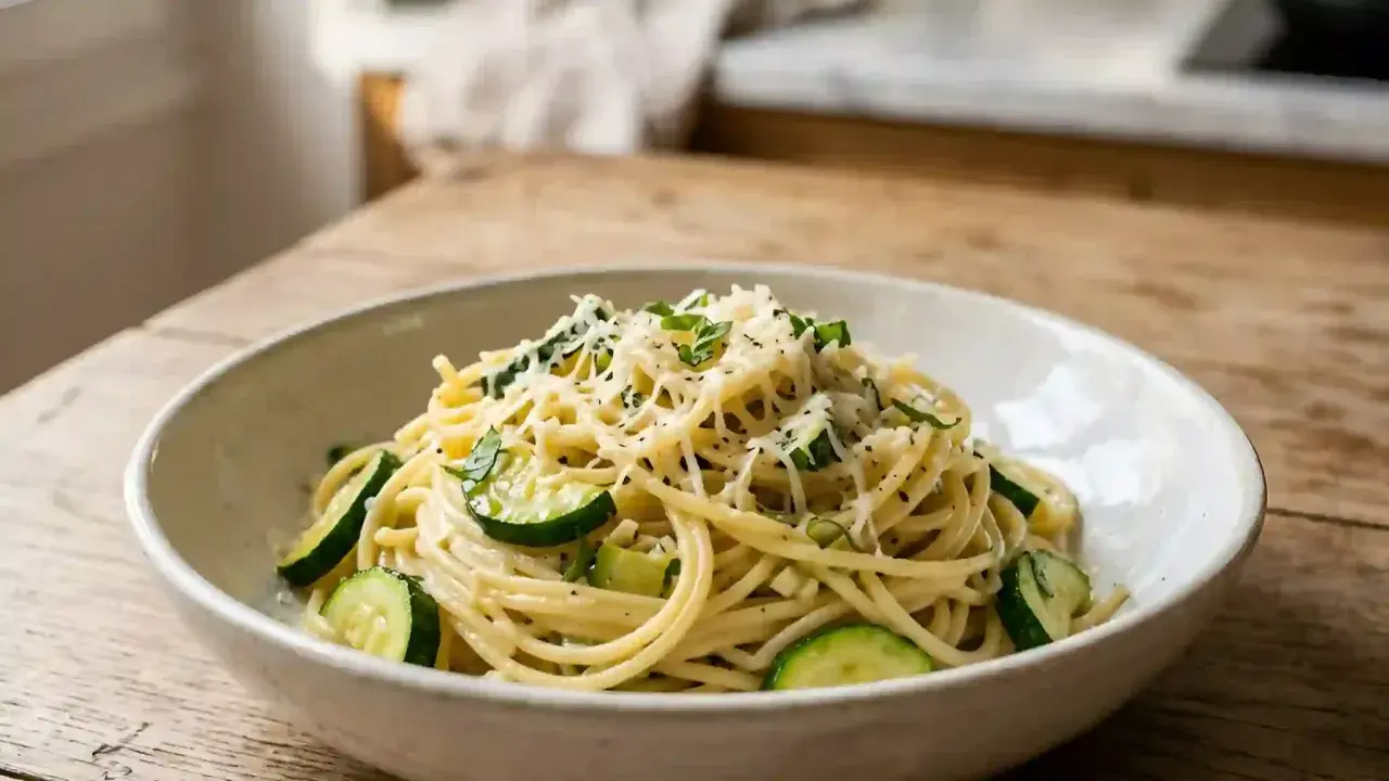 Un plat de spaghetti de courgette, garni de fromage râpé et d'herbes fraîches, servi dans un bol sur une table en bois.