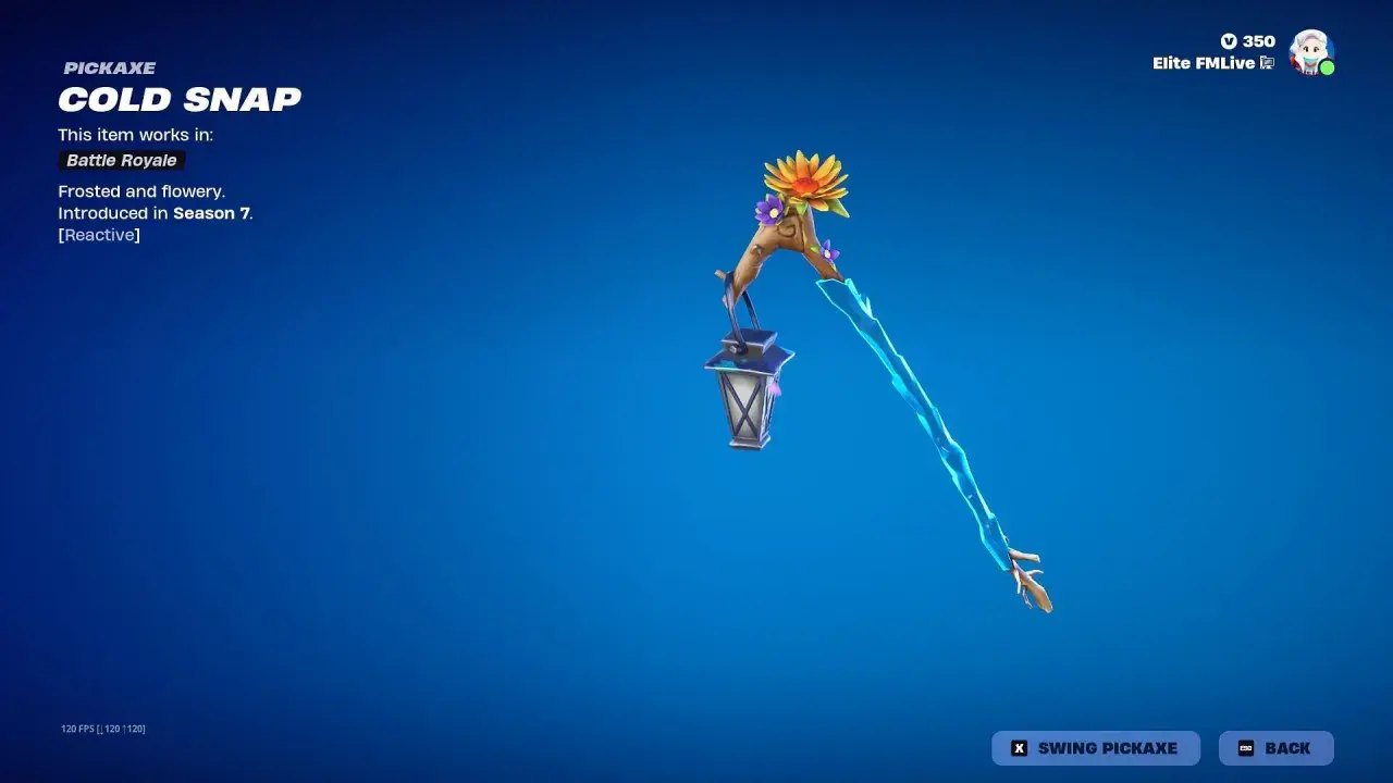 Mroźny kilof z kwiatami i latarenką, jeden z kilofów Fortnite.
