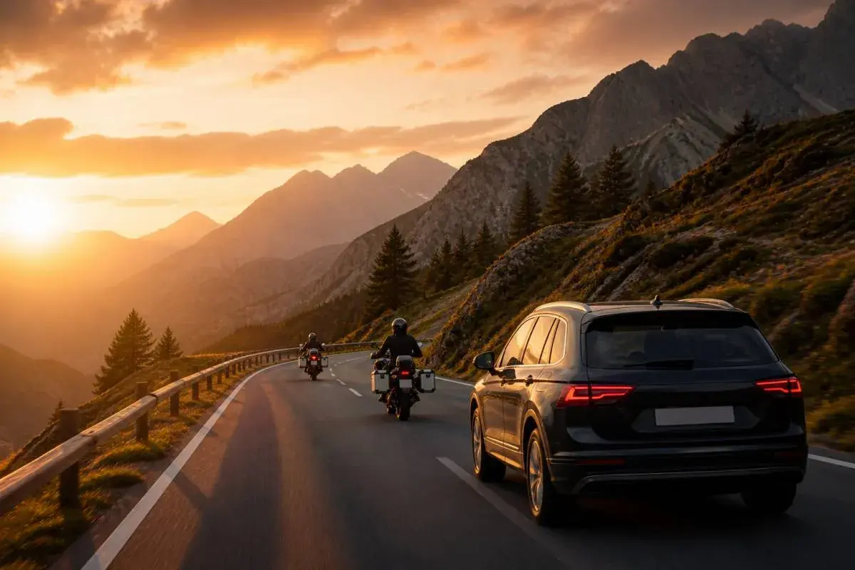 Due moto e un'auto percorrono la SS 439 al tramonto, tra montagne maestose e un cielo infuocato.