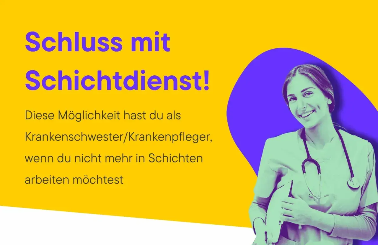 Glückliche Krankenschwester lächelt. Anzeige für krankenkasse stellenangebote: Schluss mit Schichtdienst!
