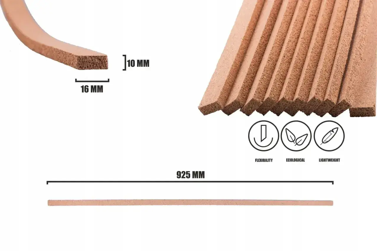 Elastyczny korek dylatacyjny o wymiarach 10x16 mm, idealny do izolacji i wypełniania szczelin. Długość 925 mm.